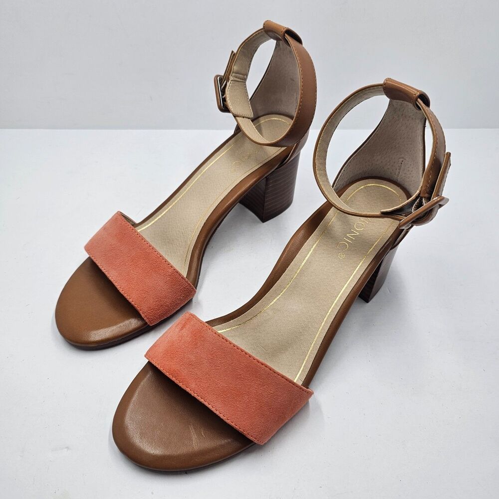Vionic Rosie Nat Block Heel Sandals 8.5 Tan Brown Leather Coral Suede Ankle